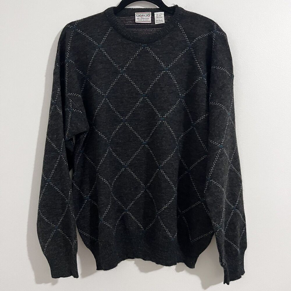 Giorgio Di Firenze Vintage Grey Wool Blend Grandpa Sweater Size L Argyle Diamond